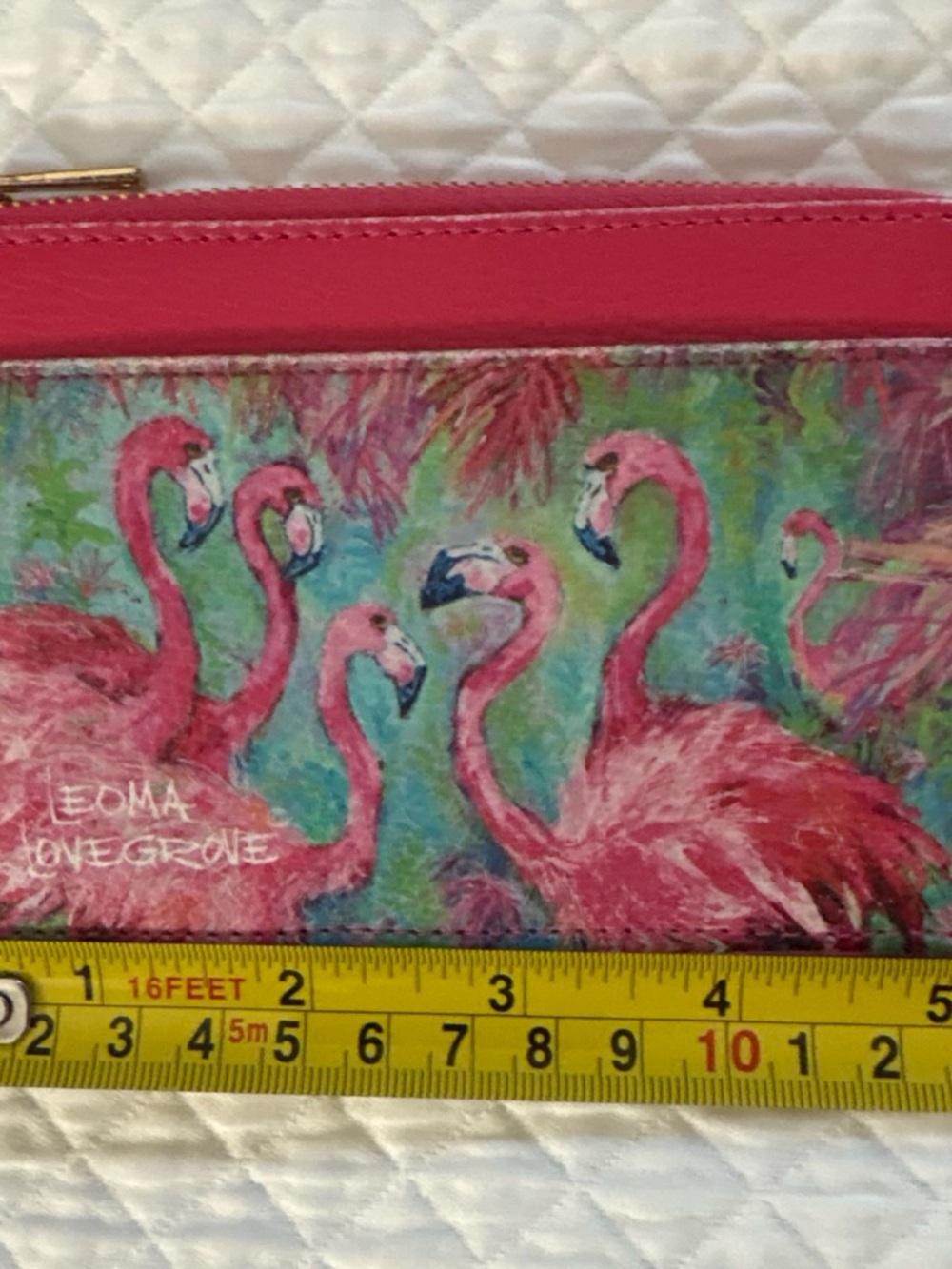 Leoma Lovegrove- Pink Flamingo Zip Wallet with Tropical Print. 3 1/2 x 5.